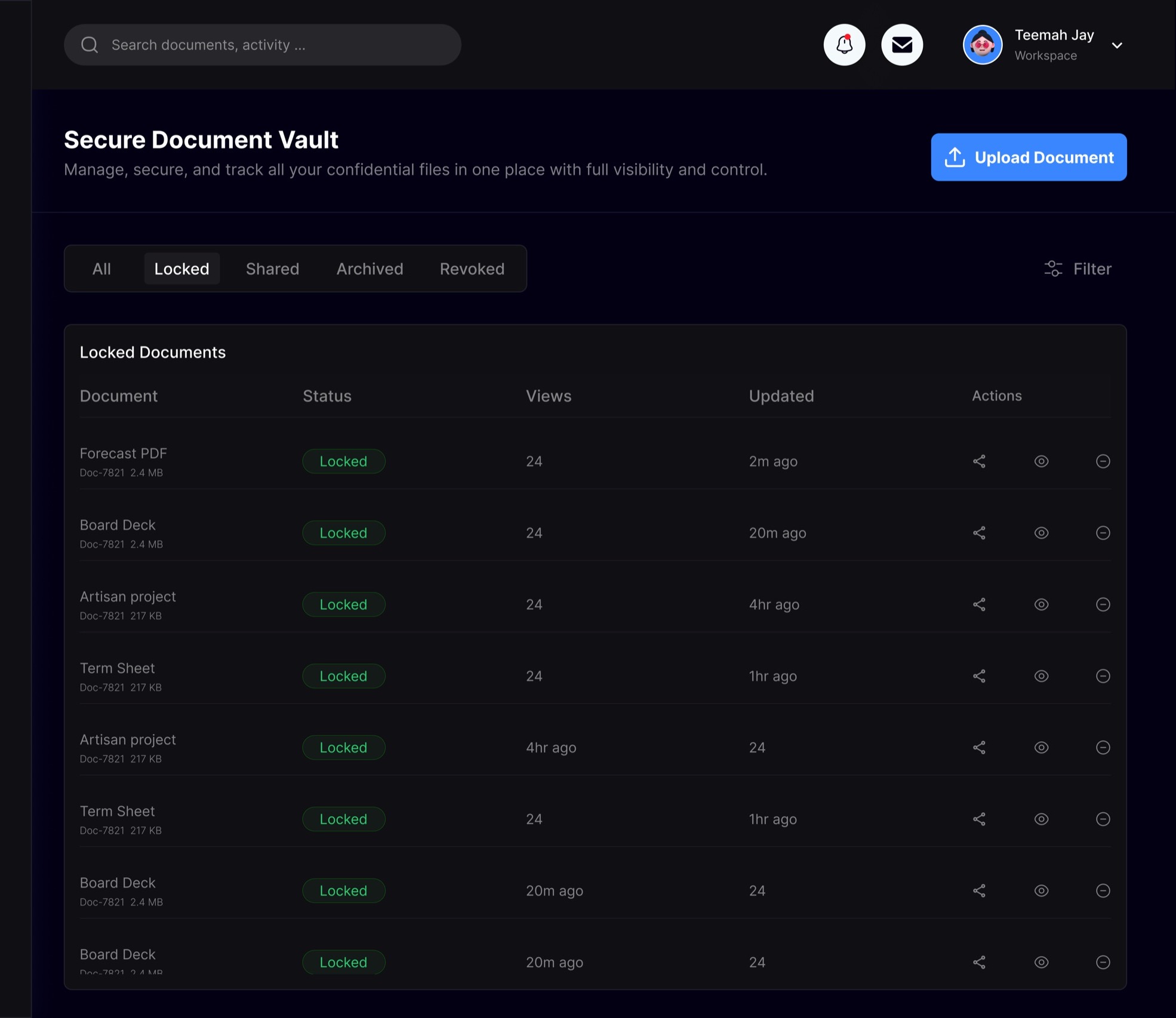NervaGuard vault filtered to locked documents under owner control