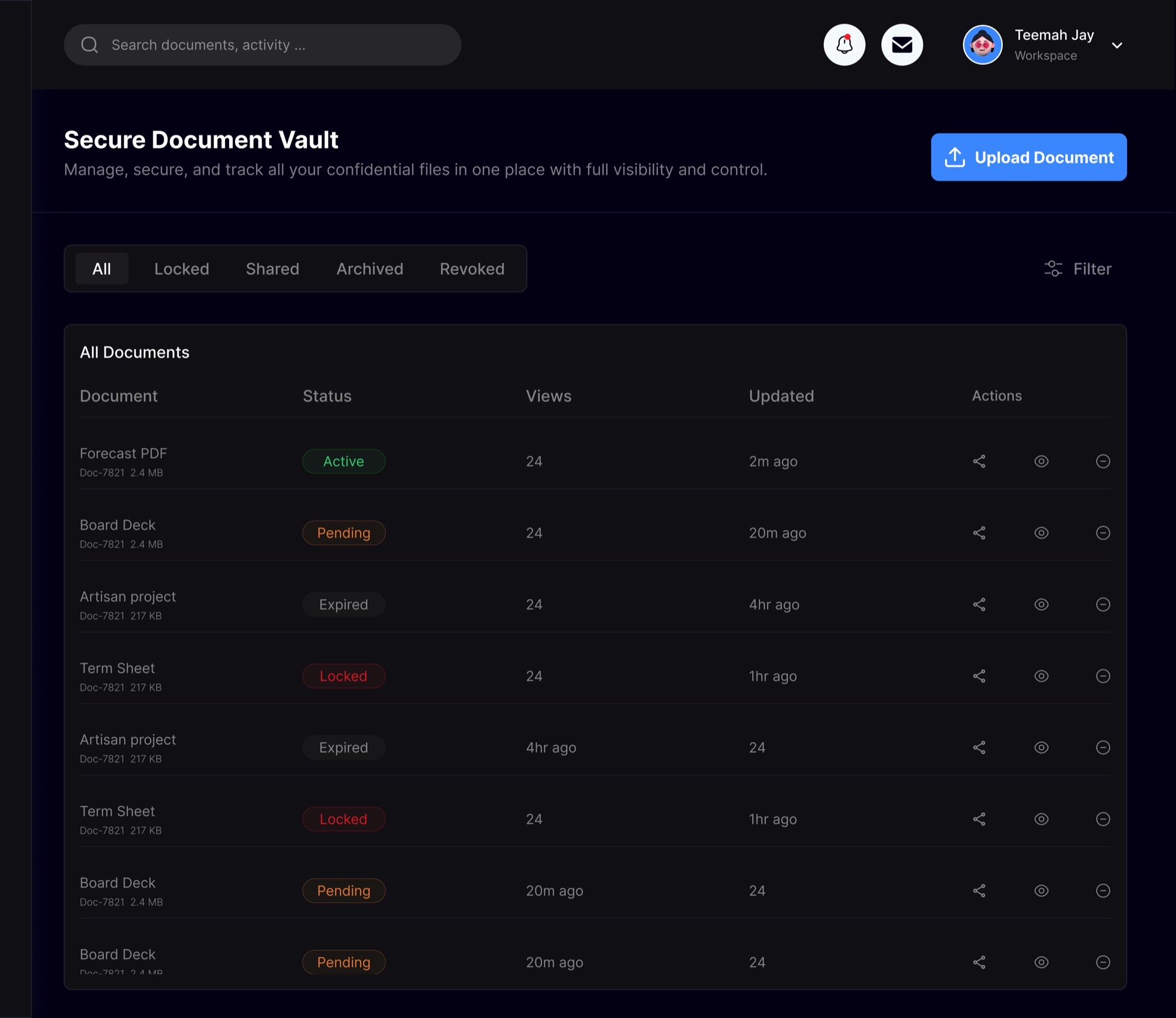 NervaGuard Secure Document Vault: protected files with status, views, and revoke actions